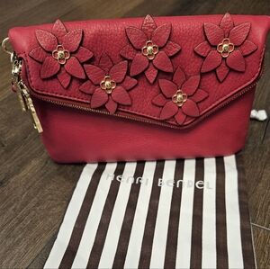 Henri Bendel Red Debutante Asymmetric Clutch Wristlet with Floral Appliqué